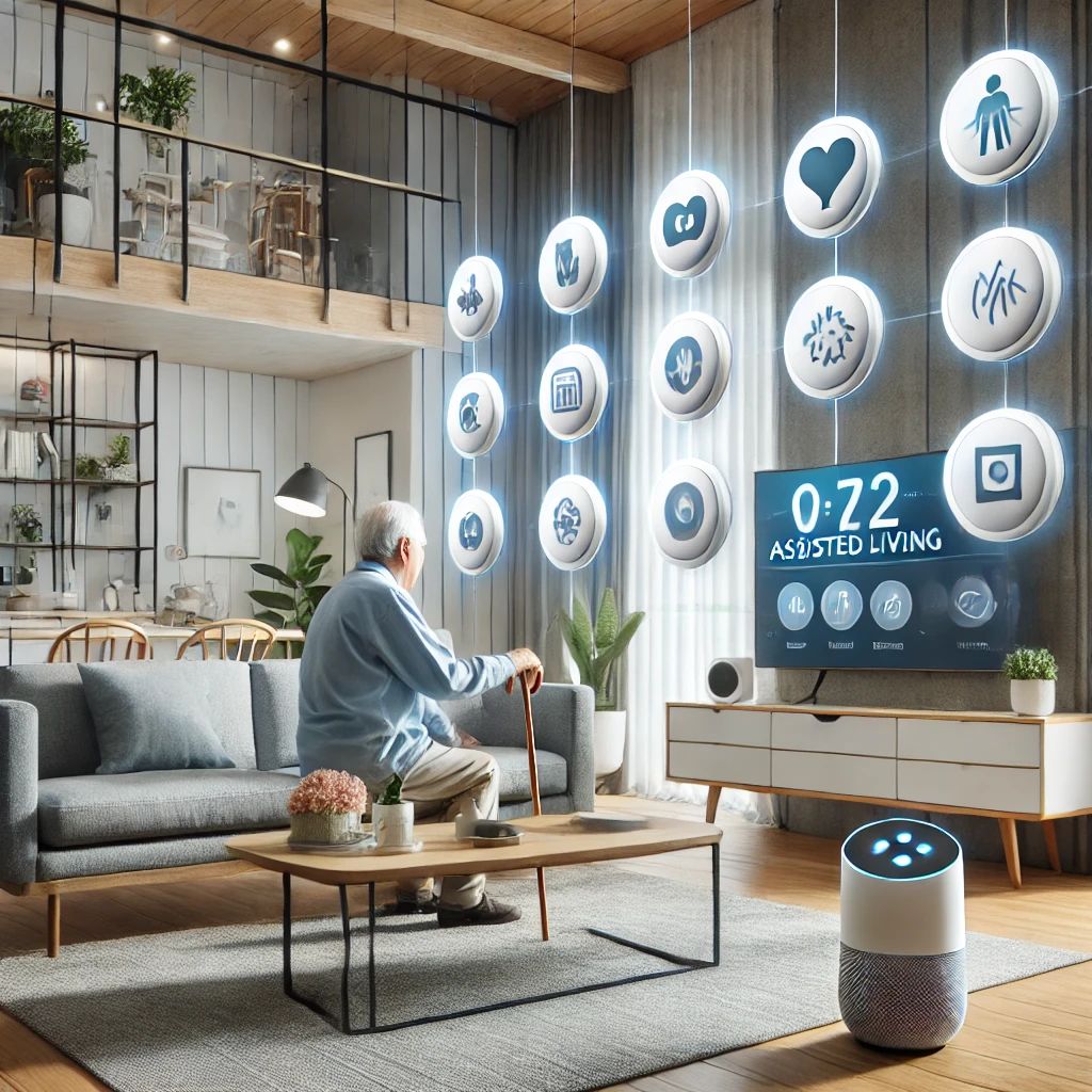 Assisted living in a smart home. The image shows an elderly person in a modern living room equipped with smart devices for assisted living, such as au