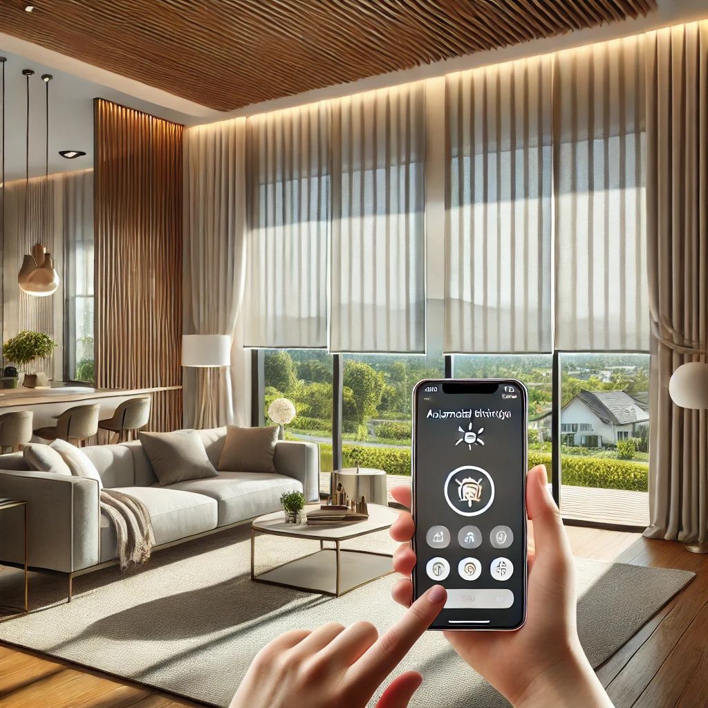 Automated shading system in a smart home. The image shows a modern living room with large windows, automated blinds, and curtains that adjust based on