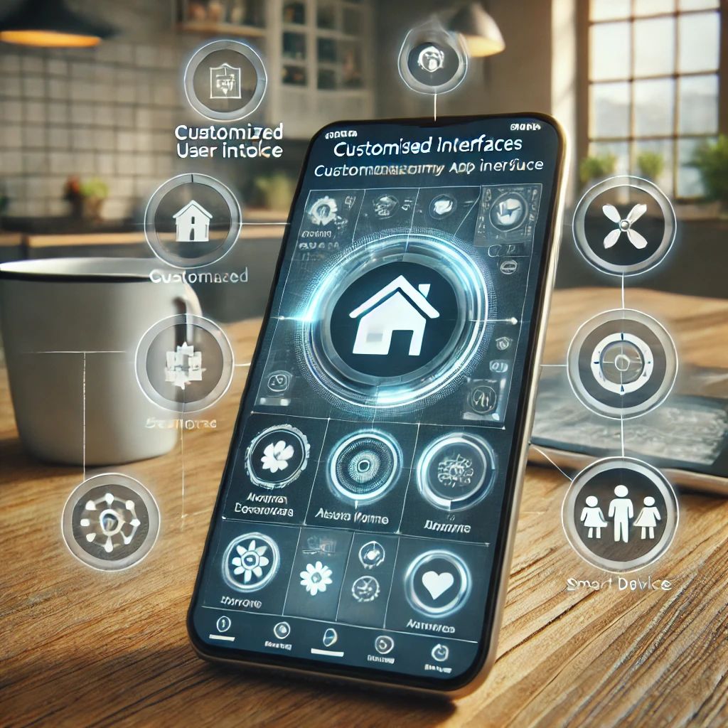 Customized user interfaces in a smart home. The image shows a smartphone with a customized smart home app interface, tailored to the preferences of di