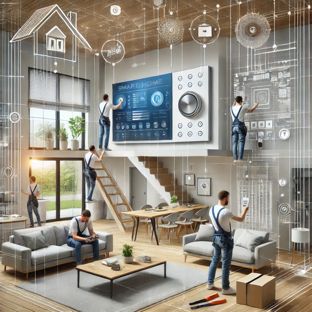 Design and installation of a smart home. The image shows a team of professionals installing and configuring smart home devices in a modern house, incl