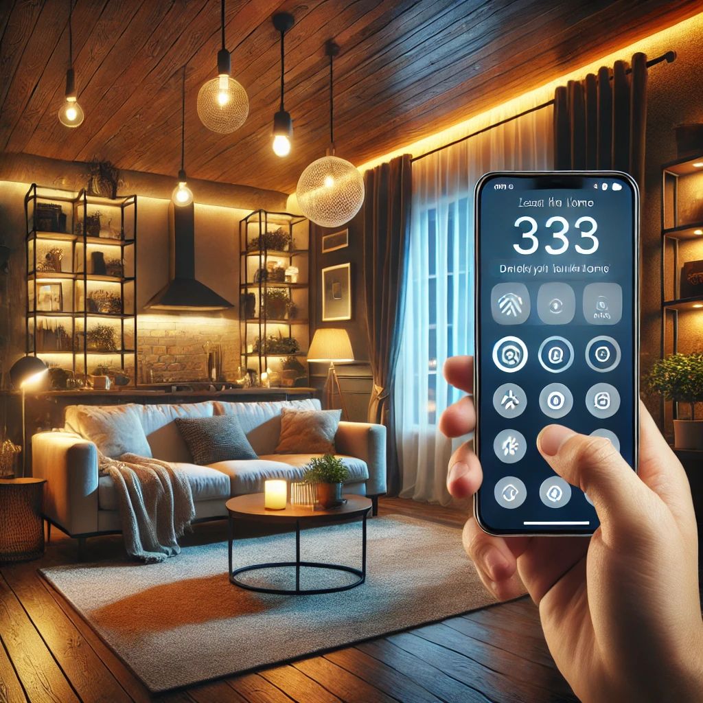 Intelligent lighting system in a smart home. The image shows a cozy living room with dimmable smart lights, adjustable via a smartphone app, creating