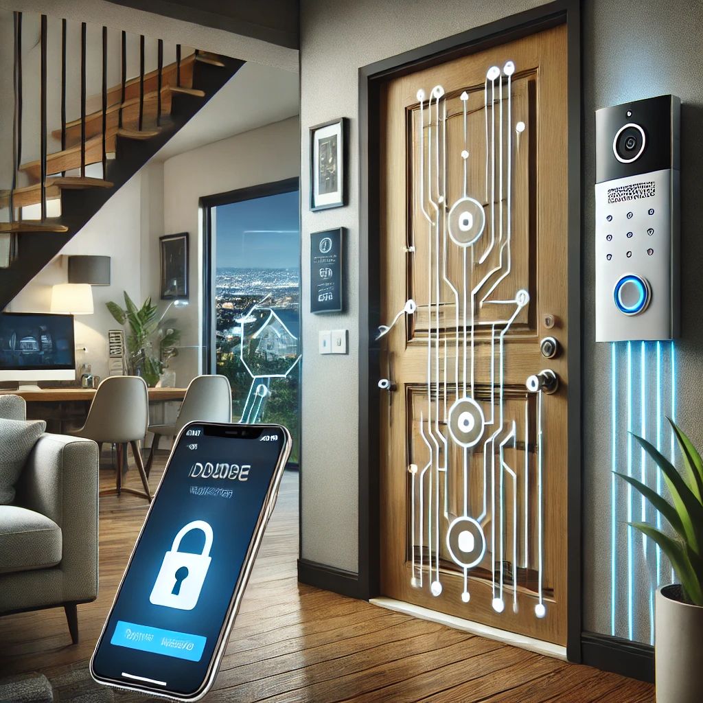 Smart door locks and intercom system in a smart home. The image shows a front door with a smart lock and an intercom system, allowing remote access an