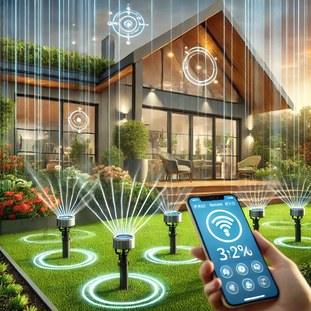 Smart garden irrigation system in a smart home. The image shows a modern garden with smart sprinklers and sensors, controlled via a smartphone app, en