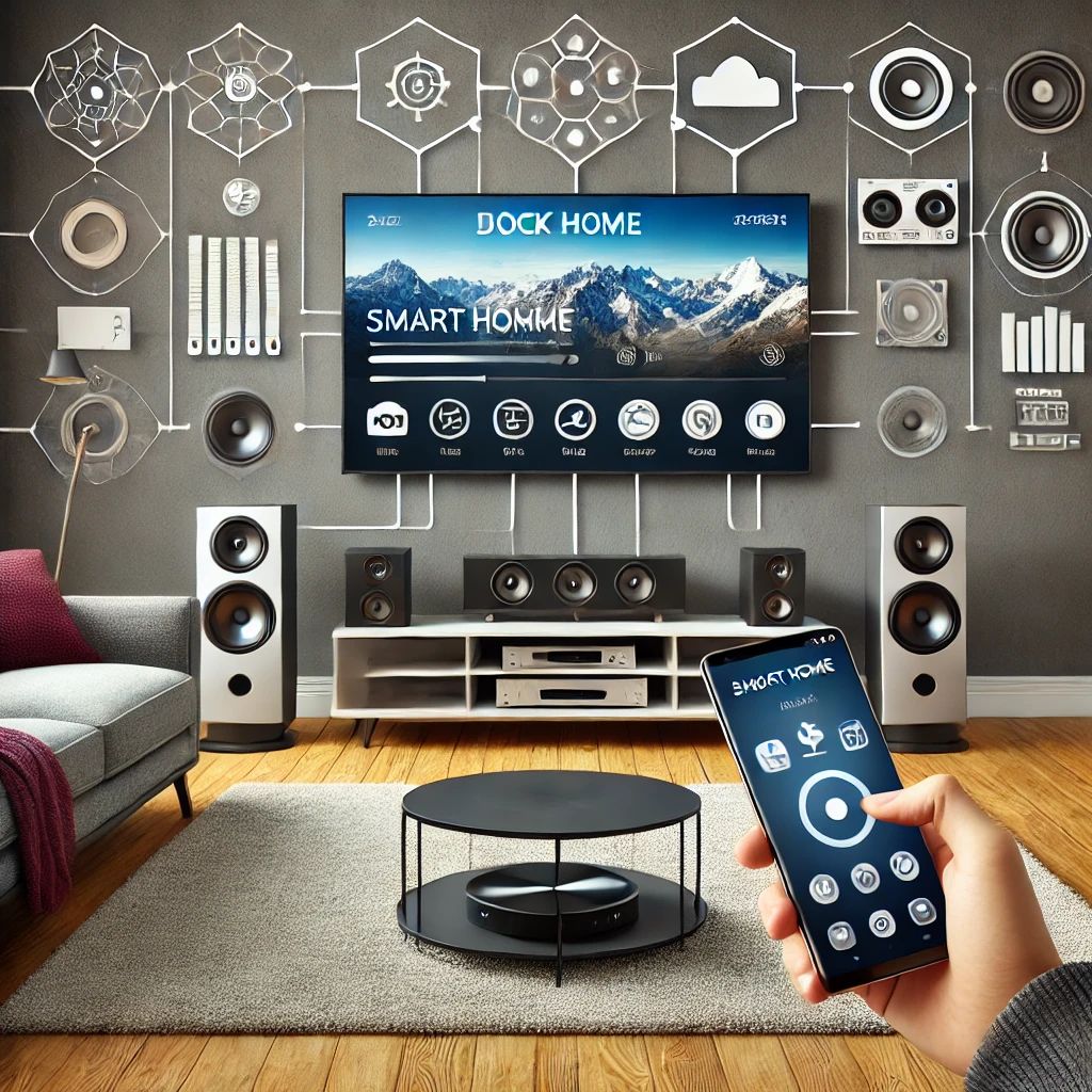 Smart home multimedia integration. The image shows a modern living room with a smart TV, home theater system, and speakers, all controlled via a smart