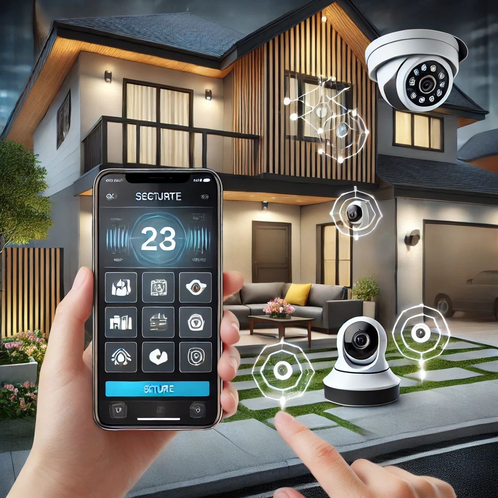 Smart home security system. The image shows a modern home with security cameras, motion sensors, and a control panel displayed on a smartphone, indica