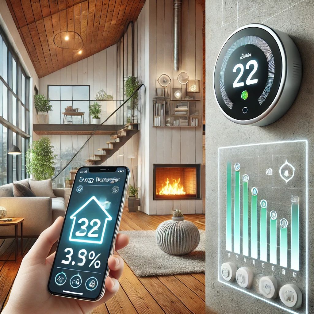 Smart thermostat and energy consumption monitoring in a smart home. The image shows a modern home with a smart thermostat on the wall and a smartphone